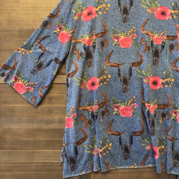 L&B Lucky &‎ Blessed Blue Floral Cow Skull Print Western Art Boho Gypsy Top Sz L - Picture 14 of 15